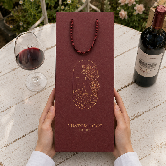 Top-down view of hands holding burgundy leather grain wine paper bag with embossed golden vine pattern, beside red wine bottle and goblet on rustic white wooden outdoor table