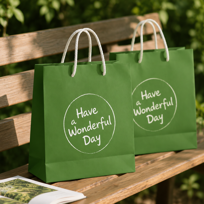 sustainable store packaging bags, reusable paper shopping bags, green eco carry bags with custom printed logo, two luxury retail paper bags on wooden bench outdoors