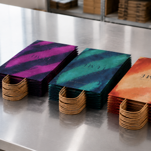 Flat-laid stacks of colorful abstract brushstroke kraft paper bags with twisted paper handles arranged neatly on a metal worktable inside a modern packaging factory.