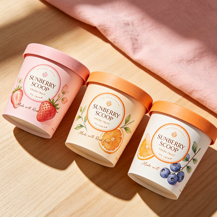 Eco friendly sustainable custom ice cream cups with lids, watercolor fruit illustration dessert paper cups, minimalist premium food packaging product branding mockup for artisan ice cream shop