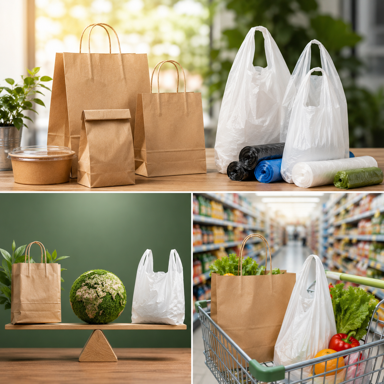 Collage comparing brown kraft paper bags and white plastic bags in retail settings, including storage, environmental balance scale, and grocery cart use