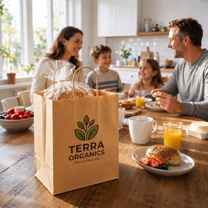 Lifestyle kitchen scene of printed kraft bakery bags with handles placed on wooden dining table, reusable bakery paper bags for organic food shopping, family breakfast shot featuring bakery takeaway bags with custom brand print