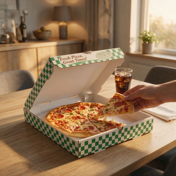 An open folding pizza carton resting on a wooden dining table filled with hot pepperoni pizza as someone takes a slice showcasing restaurant pizza packaging design.
