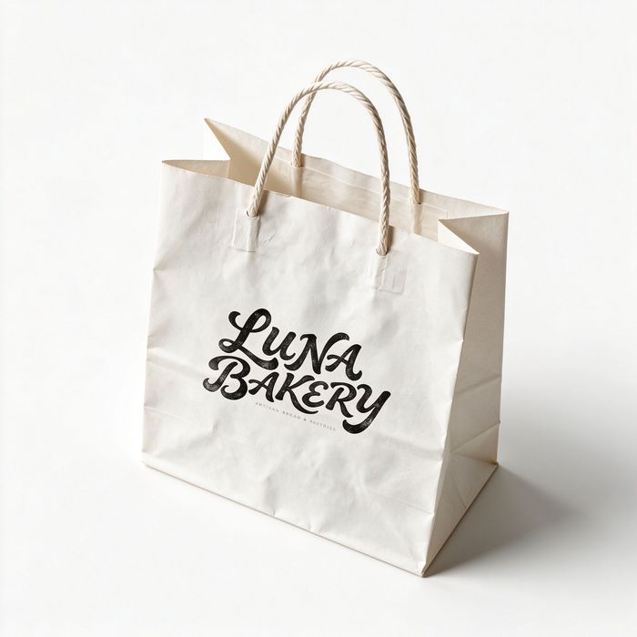 Perspective view of custom logo printed carry packaging made of white paper with sturdy rope handles for bakery retail bags display.
