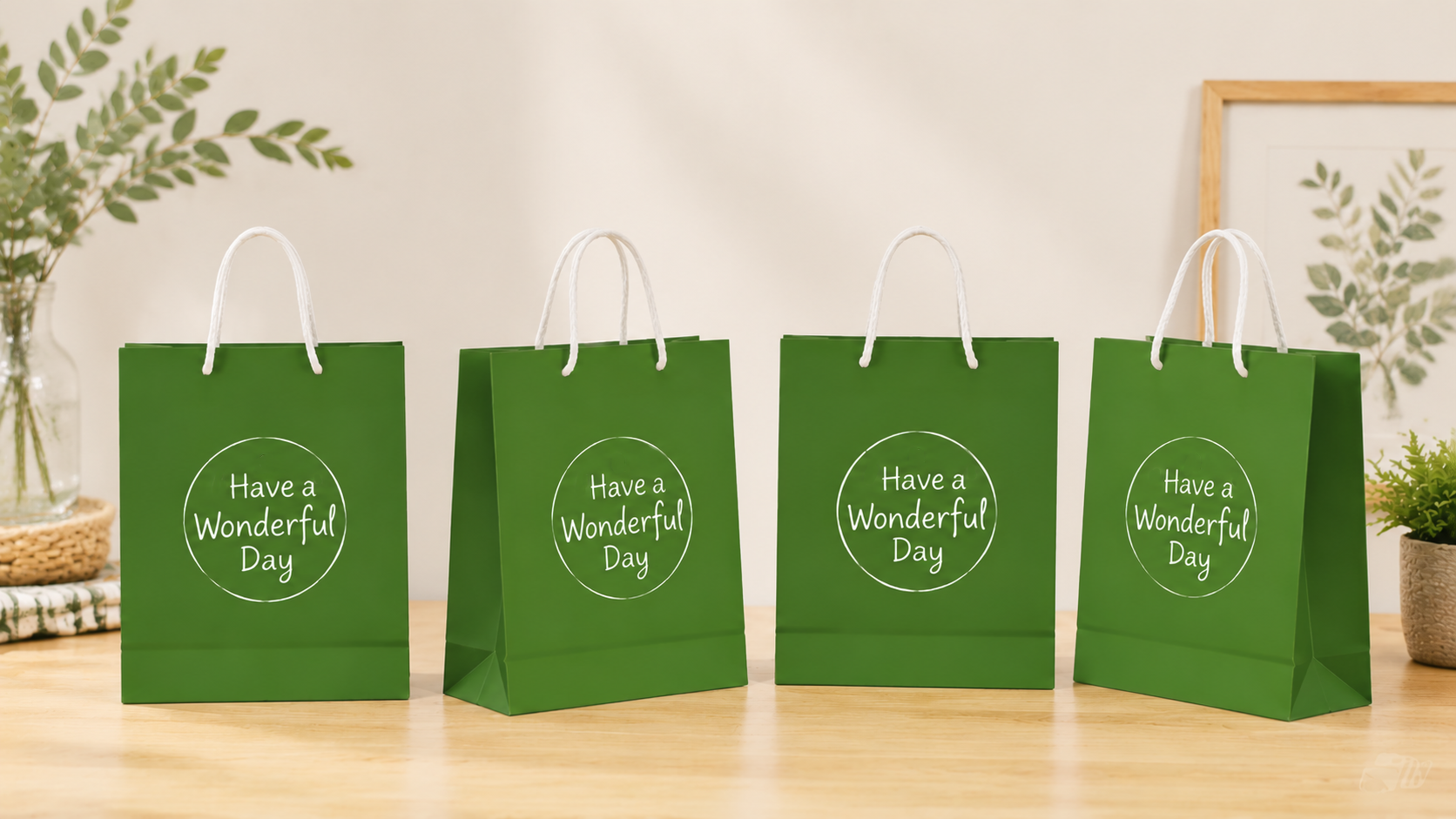 wholesale cardboard shopping bags, branded retail packaging bags, custom handle paper bags, four eco friendly personalized paper carry bags with Have a Wonderful Day logo on wooden table