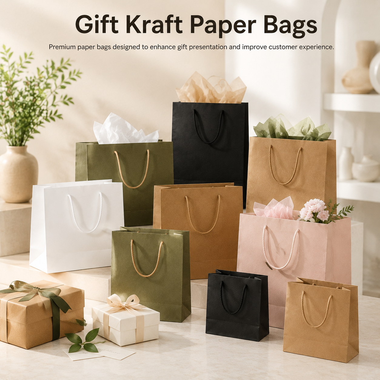 A softly lit still-life scene displaying premium gift paper bags with subtle, minimalist patterns in earthy tones, arranged on a marble tabletop with elegant gift boxes, decorative plants, and a neutral, modern interior background.