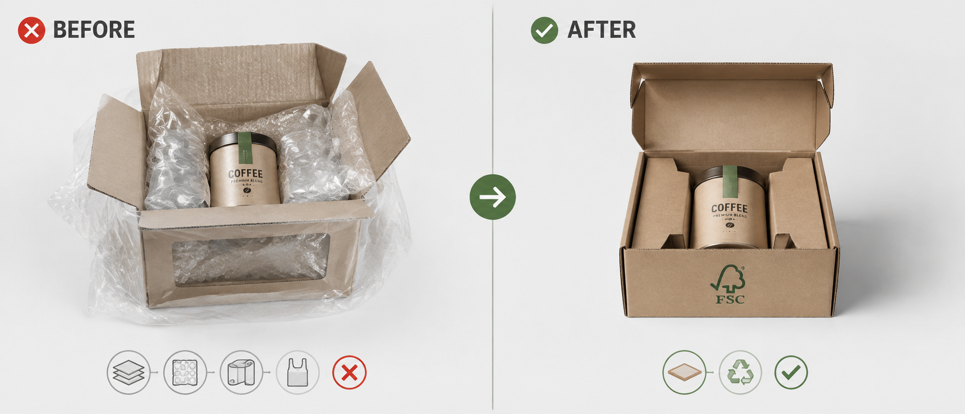 Before and after packaging comparison showing excessive plastic-filled packaging versus a compact FSC paper box solution, highlighting sustainable paper packaging design and reduced material waste for B2B businesses.
