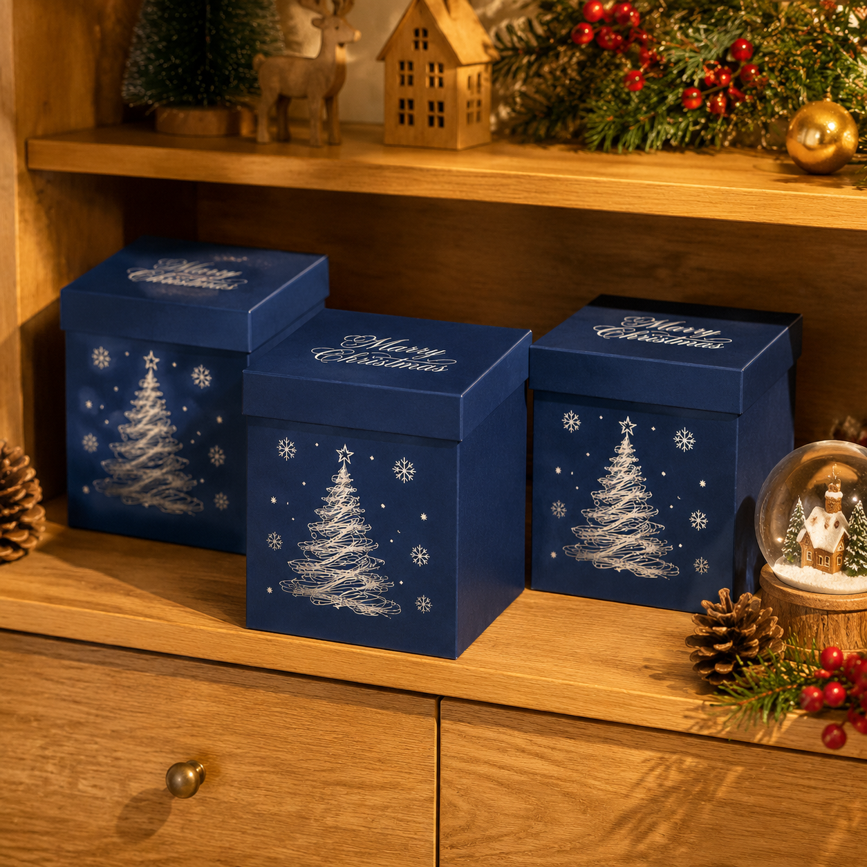 Three navy blue Christmas gift boxes with silver “Merry Christmas” lettering and white Christmas tree illustrations, neatly arranged on a wooden shelf. The scene is decorated with pinecones, evergreen branches, berries, and a small snow globe, set in warm natural lighting that creates a cozy festive atmosphere.