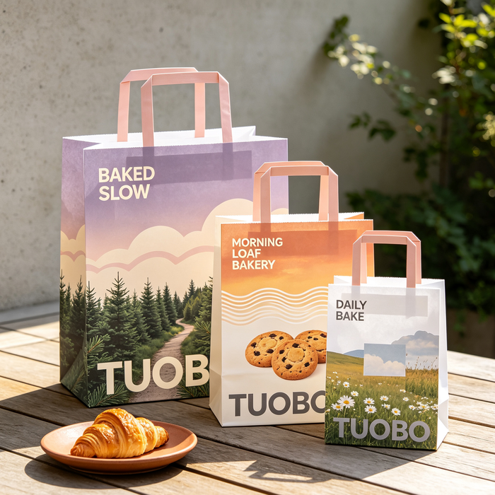 Small medium large custom bakery paper bags with ribbon handles, branded takeaway paper food packaging bags, sustainable kraft paper bags wholesale for pastry shops