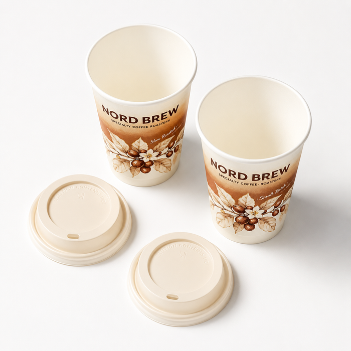 Premium custom printed gradient disposable coffee paper cups with matching lids, sustainable takeaway hot drink cups for café and roastery branding