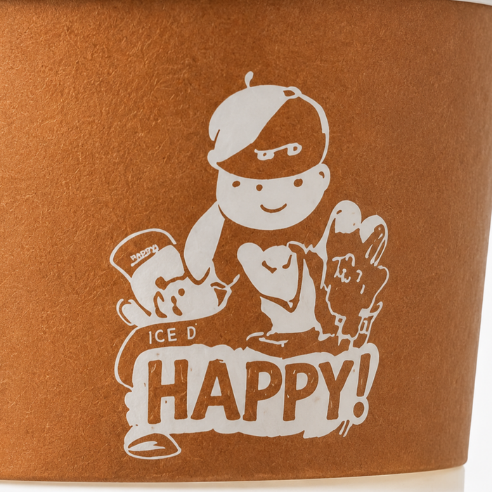 Macro close-up detail shot of custom happy cartoon graphic printing on kraft small paper ice cream cup, branded disposable mini dessert container for wholesale cafe gelato packaging