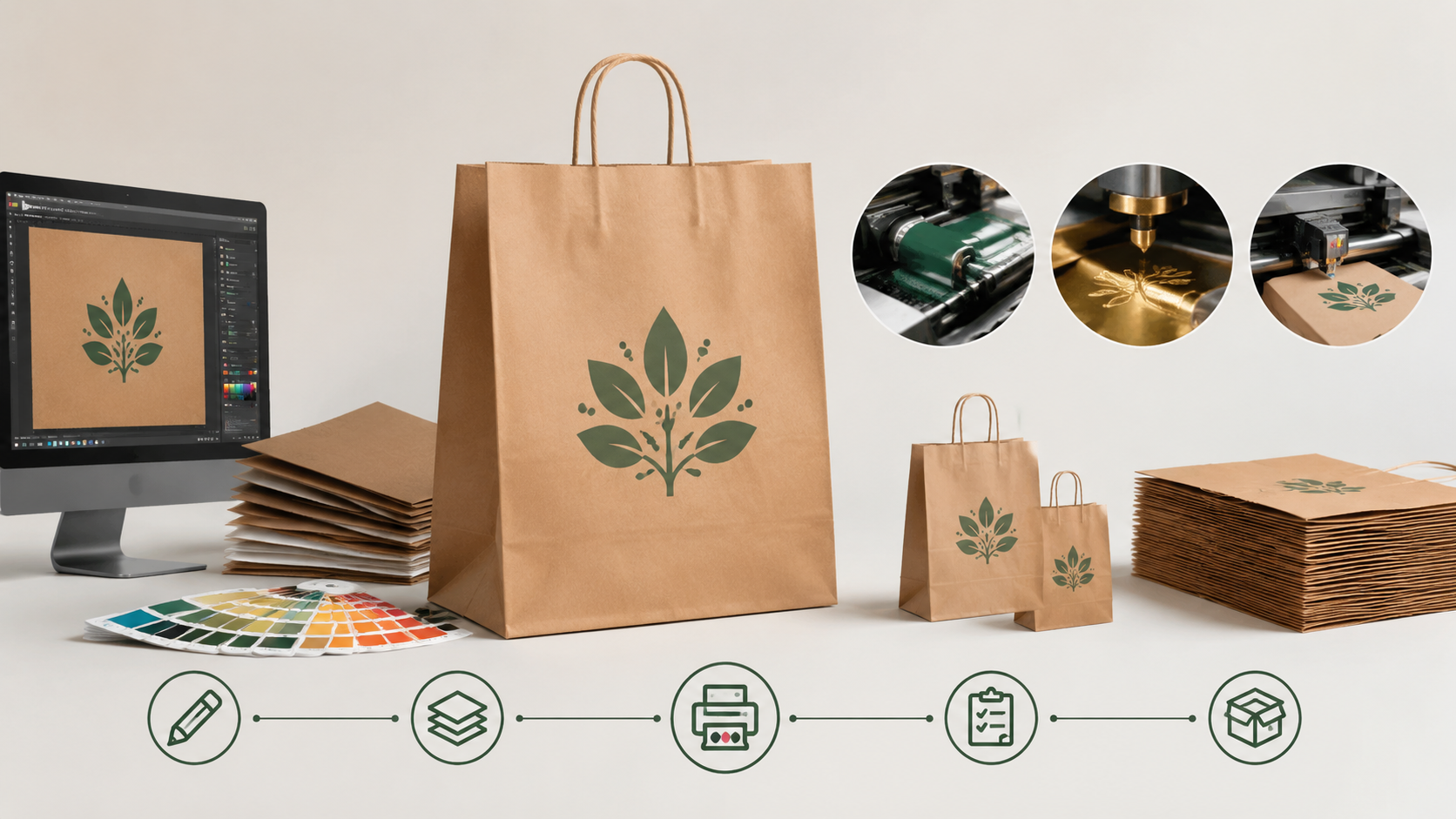 Custom paper bag printing workflow showing design, offset and flexo printing, quality control, and sustainable packaging production process