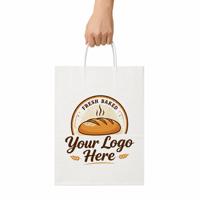 Blank custom printed paper bags mockup isolated white background, twisted handle white kraft bakery sacks template for brand logo design preview, eco friendly food takeaway packaging blank sample for bakeries