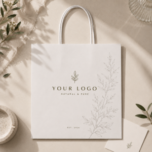 Top down flat lay minimalist photography of custom branded white paper gift bag on beige stone countertop with fresh green leaf decor