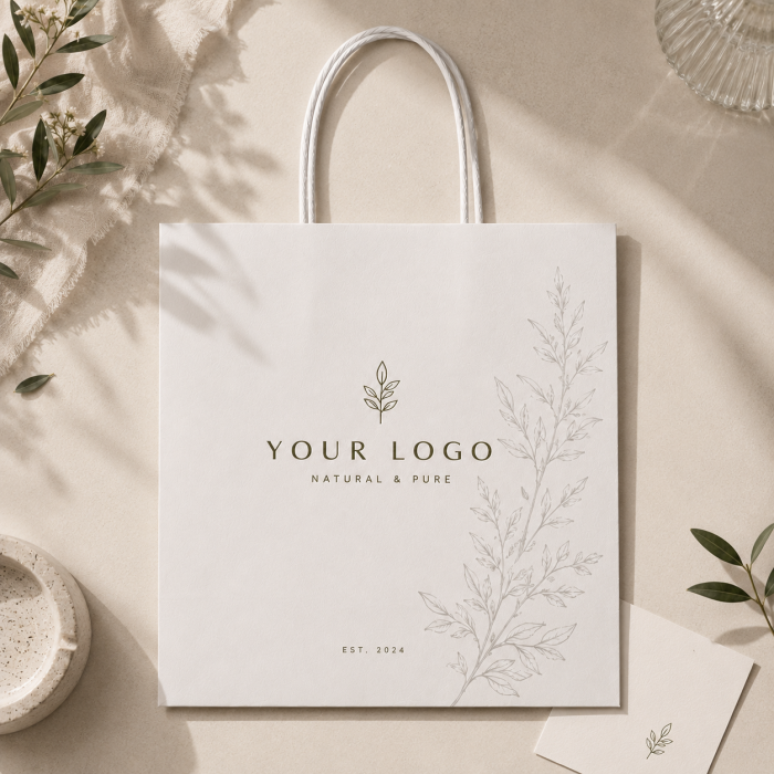 Top down flat lay minimalist photography of custom branded white paper gift bag on beige stone countertop with fresh green leaf decor