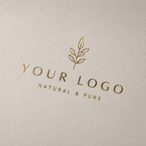 Close up shot of gold foil debossed leaf brand logo on textured off white craft paper custom packaging mockup