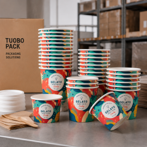 Multiple colorful 5 oz ice cream paper cups stacked neatly in a warehouse setting.
