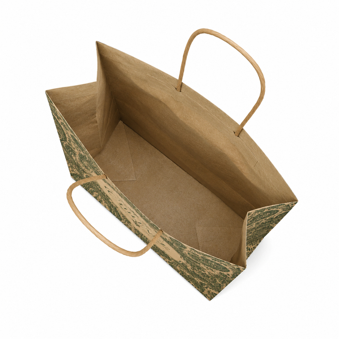 Top overhead shot empty vintage paisley kraft paper shopping bag with twisted paper handles, wholesale custom printed gift tote bag interior blank kraft paper packaging, clear antique floral print