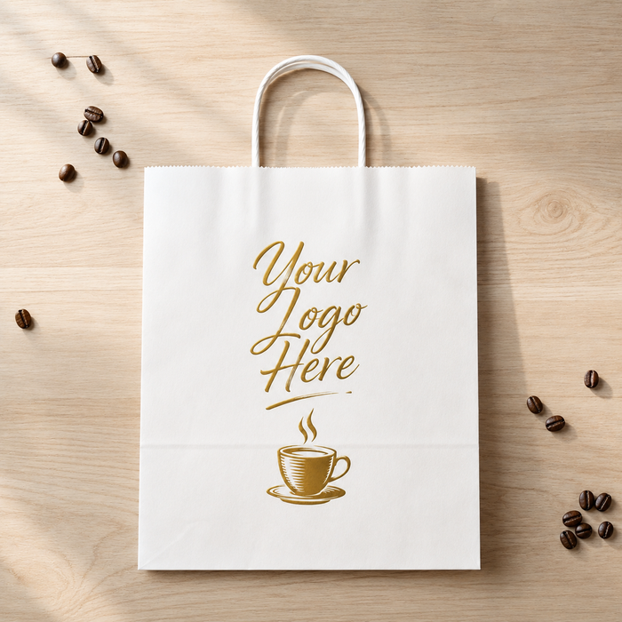 Flat lay closed white paper coffee to go bags with customizable gold logo, reusable paper coffee bags for coffee shop takeaway drink packaging with coffee bean decor