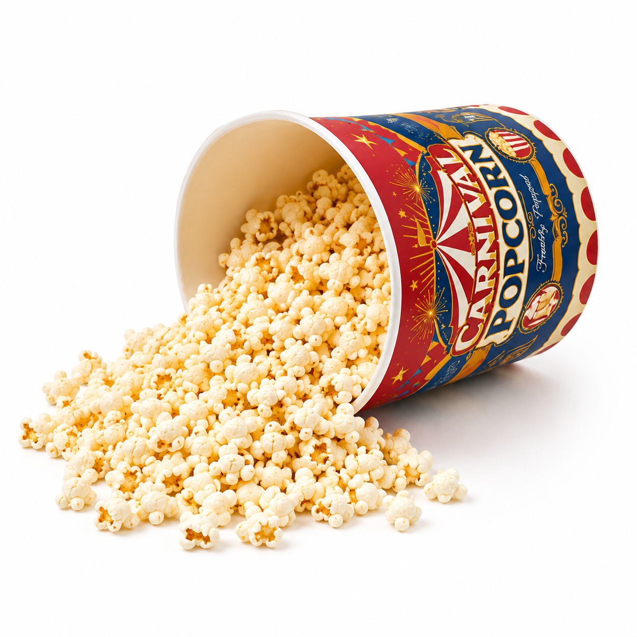 Classic carnival popcorn paper tub, disposable food grade paper snack container, retro cinema takeaway popcorn bucket on white background