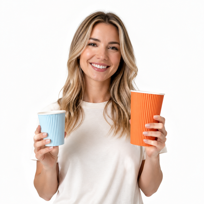 Blonde model holding two sizes eco friendly ripple wall paper cups, light blue and orange insulated corrugated disposable coffee cups, food grade vertical wave paper cups for hot beverage, customizable wholesale single use paper cups for restaurant retail promotion shooting