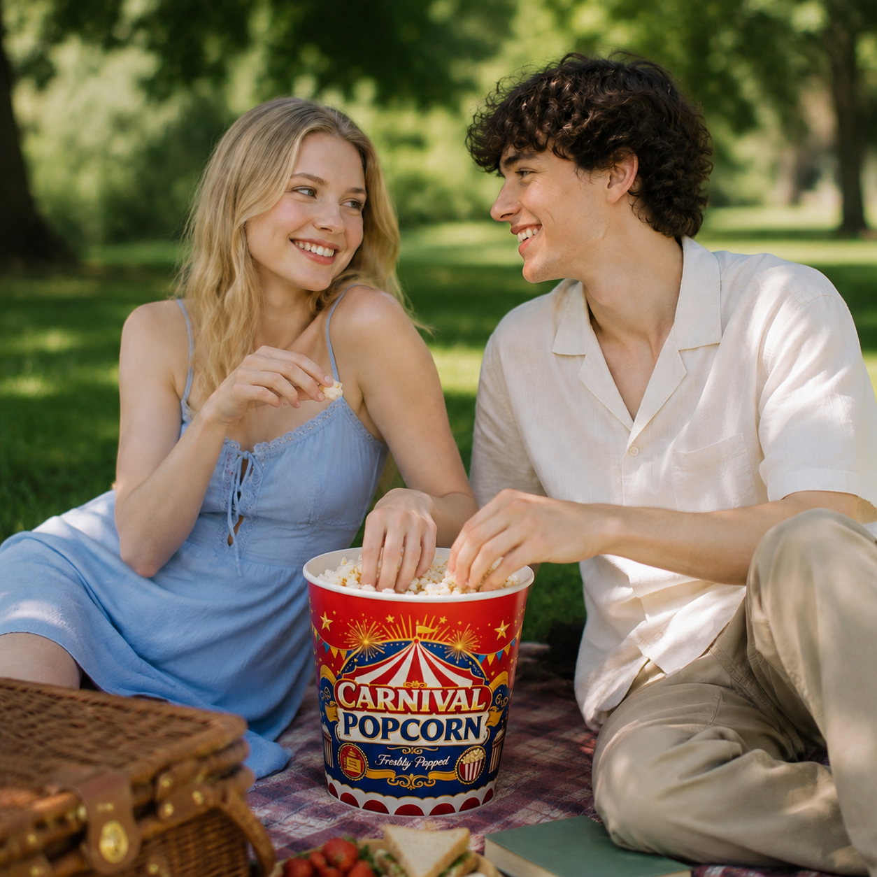 Decorative carnival popcorn tub, party popcorn container, movie night snack packaging for outdoor picnic and leisure events