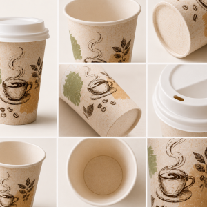 Colagem detalhada em grade de 9 elementos, mostrando o interior, a base, a tampa e a textura da impressão externa de um copo de café kraft vintage, além de um mockup detalhado do produto.