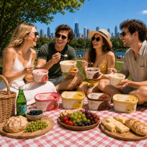Custom printed ice cream tubs in various flavors on a picnic table, people enjoying frozen desserts outdoors in a city park setting.