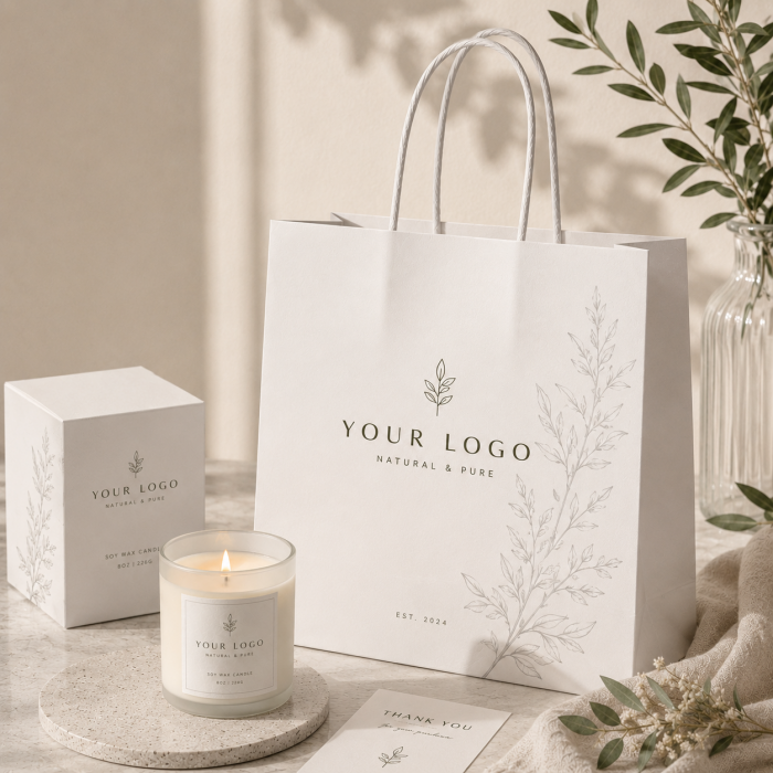 Close up shot of gold foil debossed leaf brand logo on textured off white craft paper custom packaging mockup