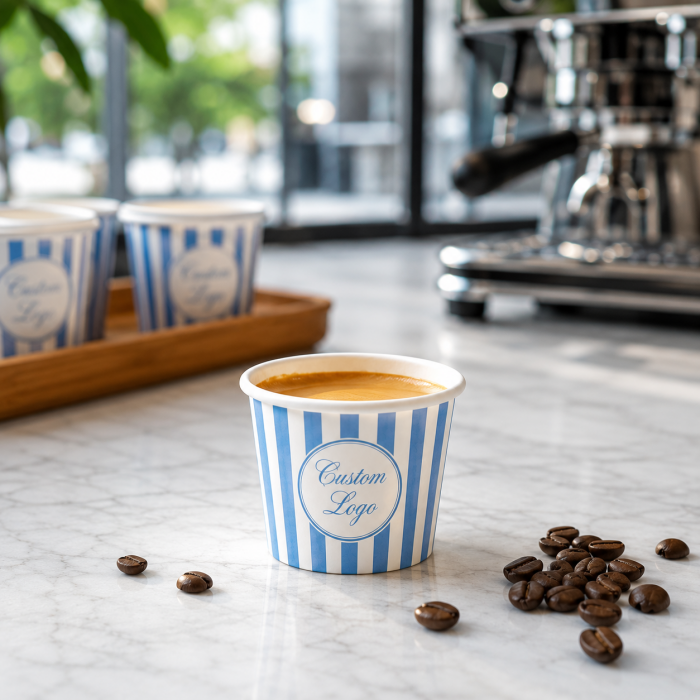 Close-up of a custom logo blue striped paper espresso cup filled with coffee on a marble cafe counter with coffee beans.