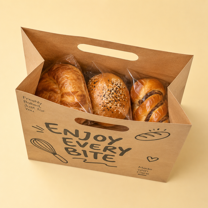 Eco friendly die cut handle kraft bakery bag with custom print, sustainable retail paper bag for fresh bread and pastry takeaway packaging