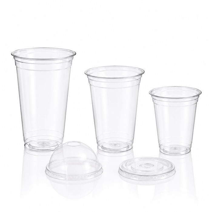 Food grade transparent recycled PET rPET disposable cups with matching dome lids and flat sip lids, multiple capacity blank takeaway beverage containers for custom printed café packaging bulk supply