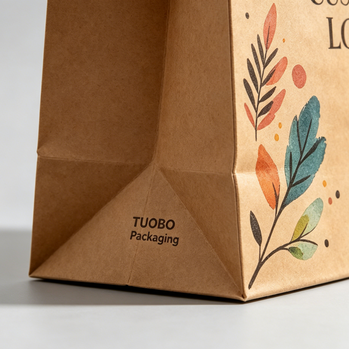 Close-up view of the reinforced flat bottom of a kraft paper bag, showing the folded structure and "TUOBO Packaging" print.
