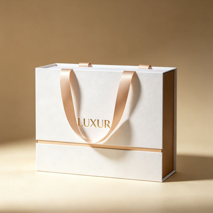 Luxury textured gift tote with centered gold branding and ribbon straps
