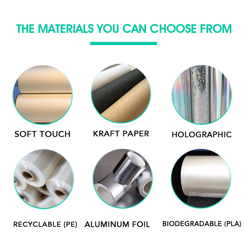 Six material options for custom packaging including soft touch, kraft paper, holographic, recyclable PE, aluminum foil, and biodegradable PLA.