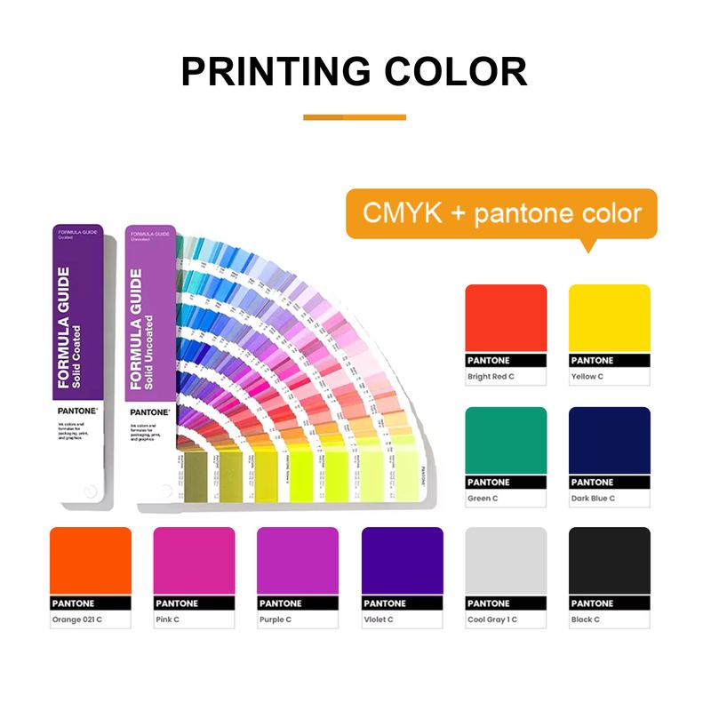 Color matching guide showing Pantone formula fan guide and color swatches for custom packaging printing options.