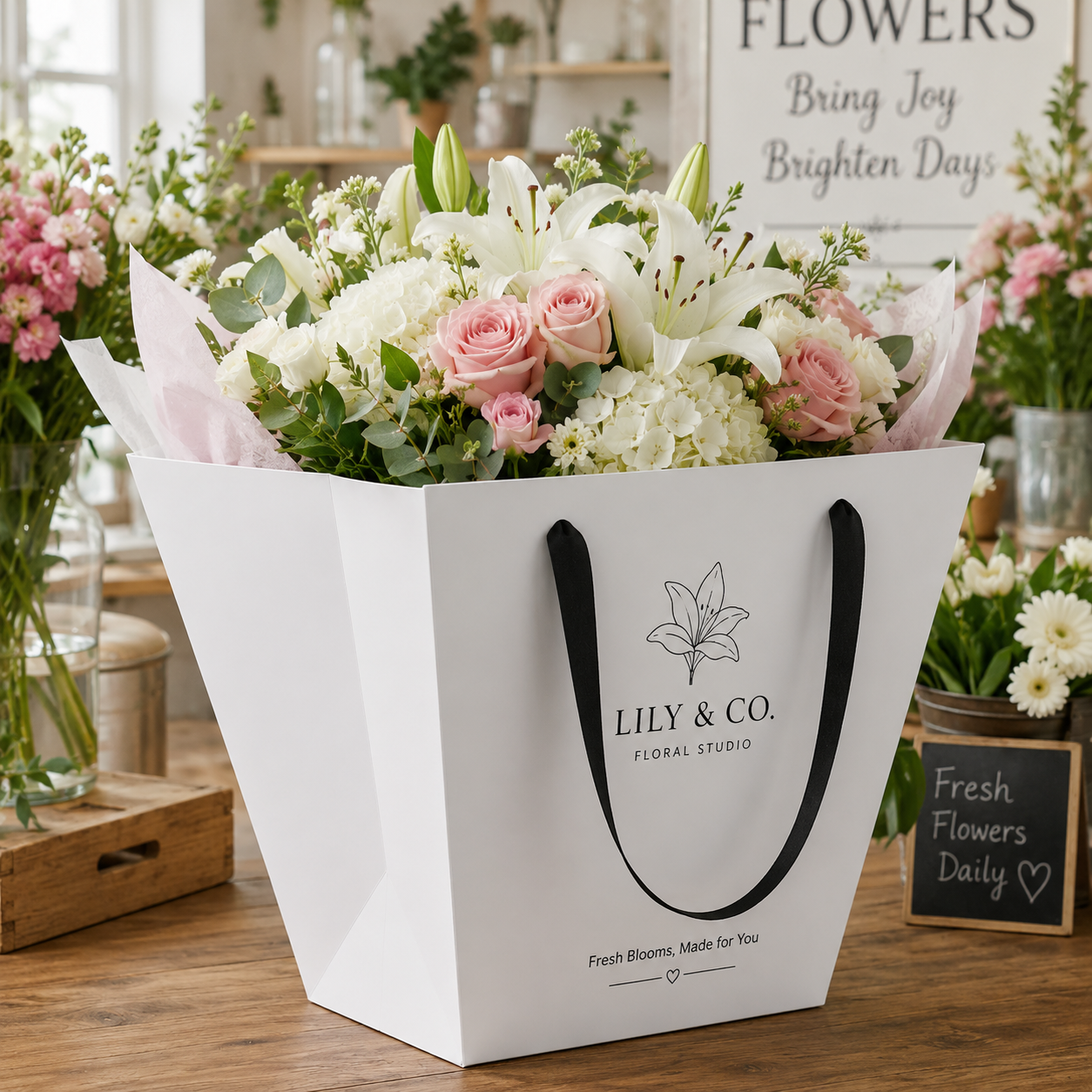 Custom Flower Paper Bags with Ribbon Handles