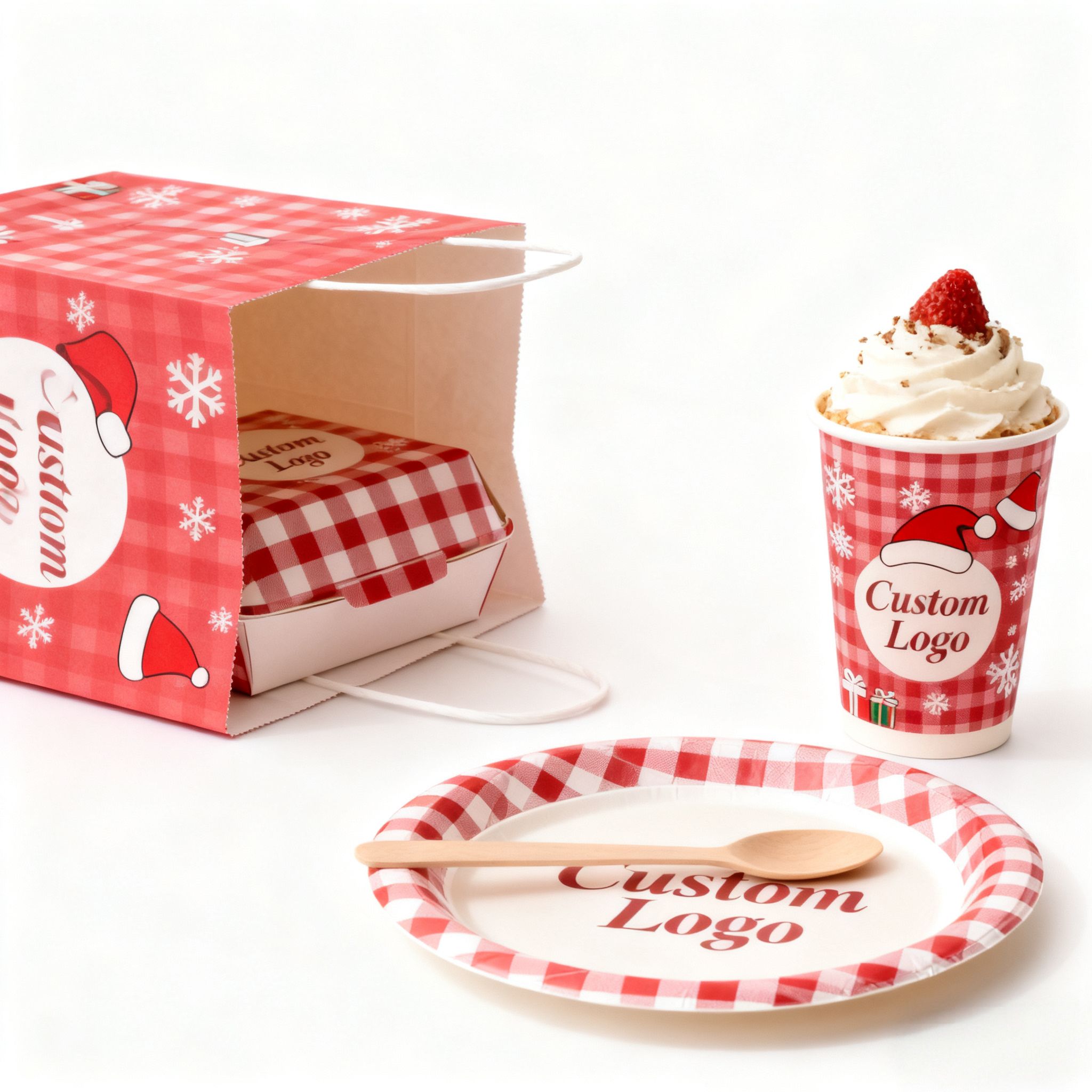 Aangepaste logo's voor de feestdagen, serviessets, papieren borden, bekers, Kerstmis, Nieuwjaar, wegwerpverpakkingen, groothandel | Tuobo