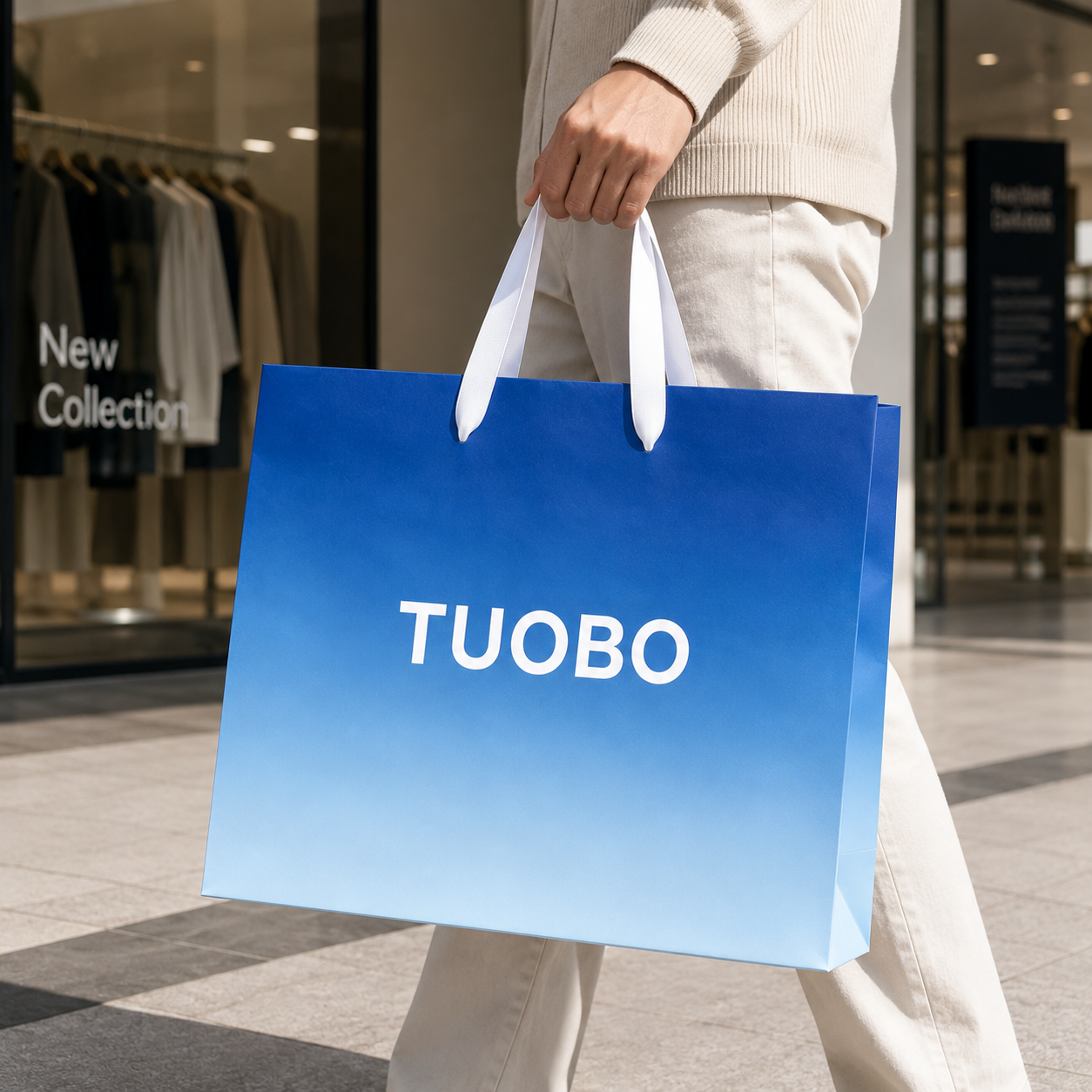 Real scene shot of person carrying TUOBO blue gradient paper tote bag in front of clothing store window, high-end retail packaging lifestyle presentation