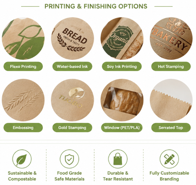 Close-up infographic displaying custom kraft paper bag finishing options including flexo printing, water-based ink, soy ink printing, hot stamping, embossing, gold foil stamping, transparent window design, and serrated top edge details.