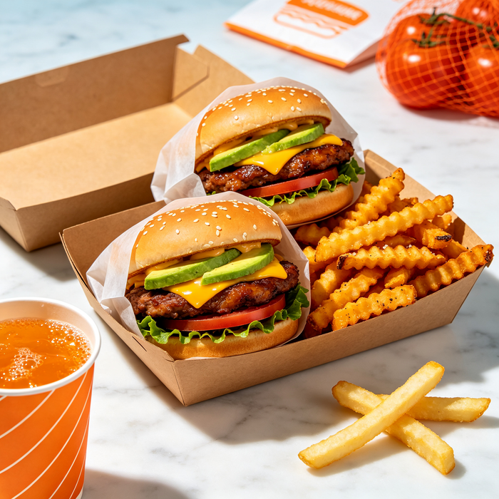 Two avocado cheeseburgers and golden crinkle fries served in open take away carton boxes with cold beverage for fast food service.