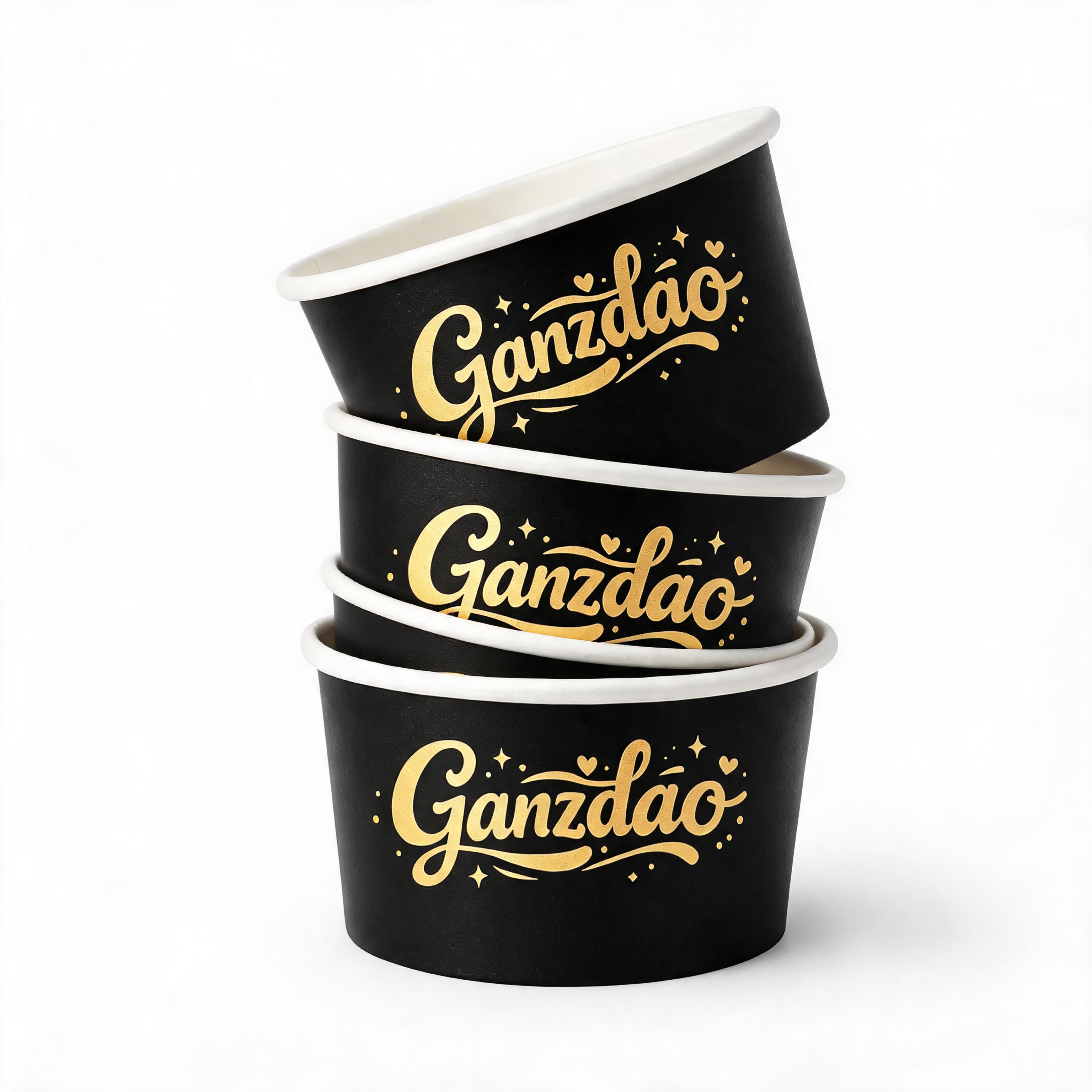 Stacked custom ice cream mini cups, matte black China black paper cups 4 oz / 3 oz ice cream cups, biodegradable ice cream cups offered by 4oz paper cups suppliers, reusable printed custom paper cups for dessert packaging