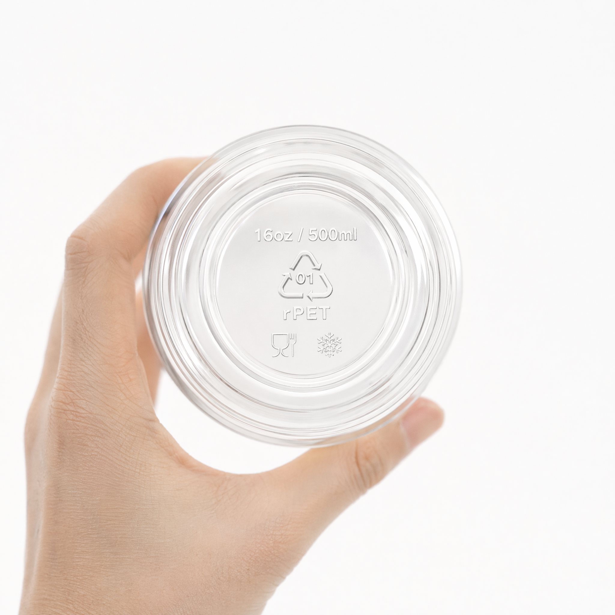 Food safe rPET recyclable clear plastic cup bottom embossed marking, 16oz 500ml disposable custom Christmas plastic drink tumbler material certification, BPA free cold beverage plastic cup eco-friendly packaging for wholesale café suppliers