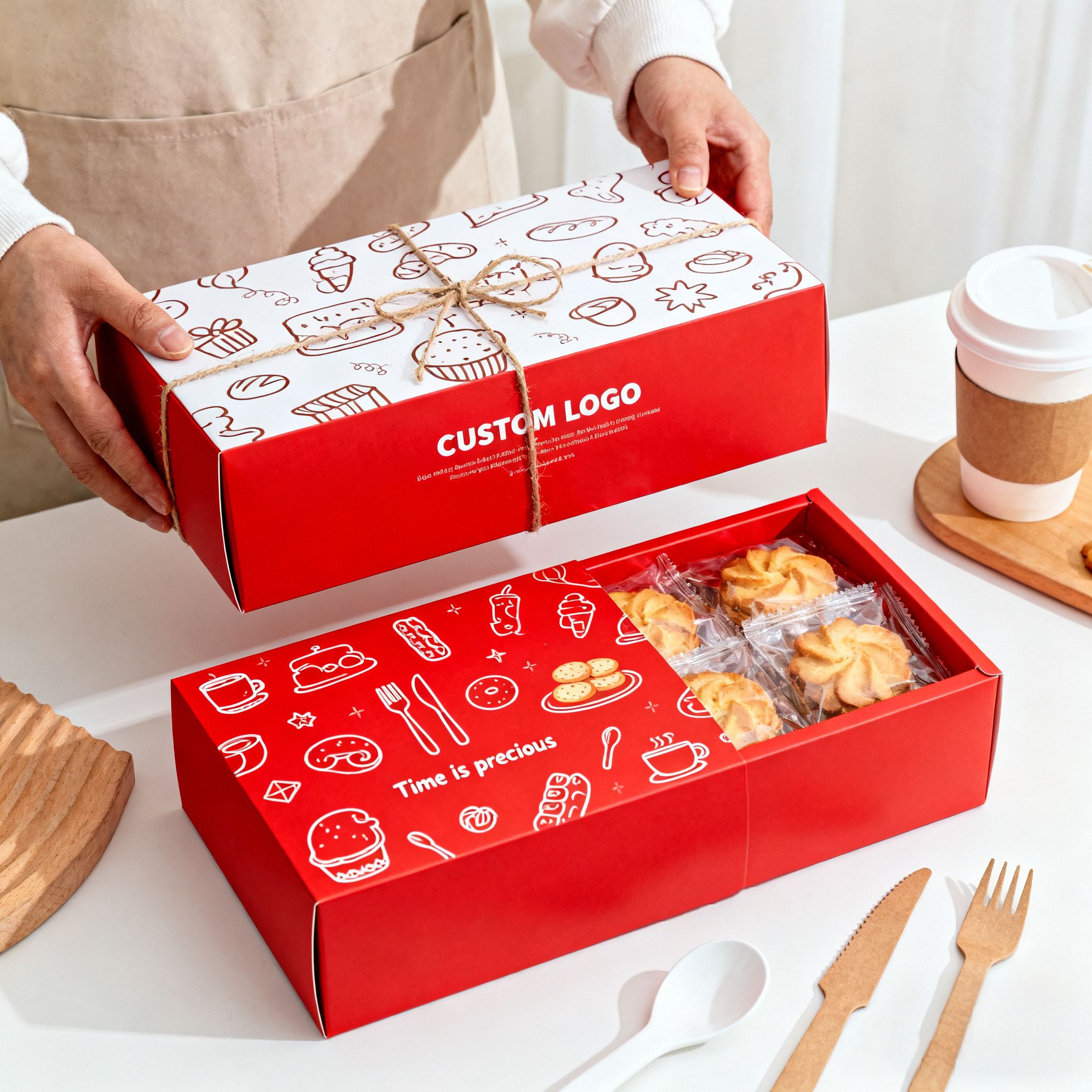 ଖ୍ରୀଷ୍ଟମାସ ଉପହାର ବେକେରୀ ପ୍ୟାକେଜିଂ ପାଇଁ ଲୋଗୋ ପ୍ରିଣ୍ଟିଂ ସହିତ ଲାଲ ଫୋଲ୍ଡେବଲ୍ କୁକି ବାକ୍ସ | Tuobo