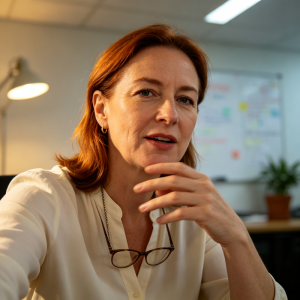 A professional headshot of a middle-aged woman with shoulder-length auburn hair, wearing a cream silk blouse, small gold hoop earrings, and reading glasses hanging from a chain. She rests her hand thoughtfully near her chin in a warmly lit office, with a brass desk lamp, a whiteboard with sticky notes, and a potted plant softly blurred in the background.