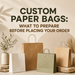 Close-up shot of blank white, brown kraft and sage green custom paper shopping bags with twisted paper handles arranged on natural stone slabs beside green foliage plants, beige neutral background, blog cover for custom paper bag pre-order preparation tips, wholesale packaging supplies