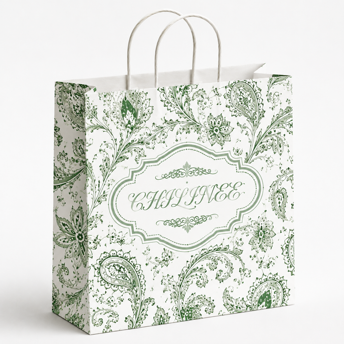 Minimal white background custom printed light green vintage paisley white paper gift bag, blank customizable CHILINEE brand frame, wholesale eco friendly retail shopping tote bag with clear floral texture
