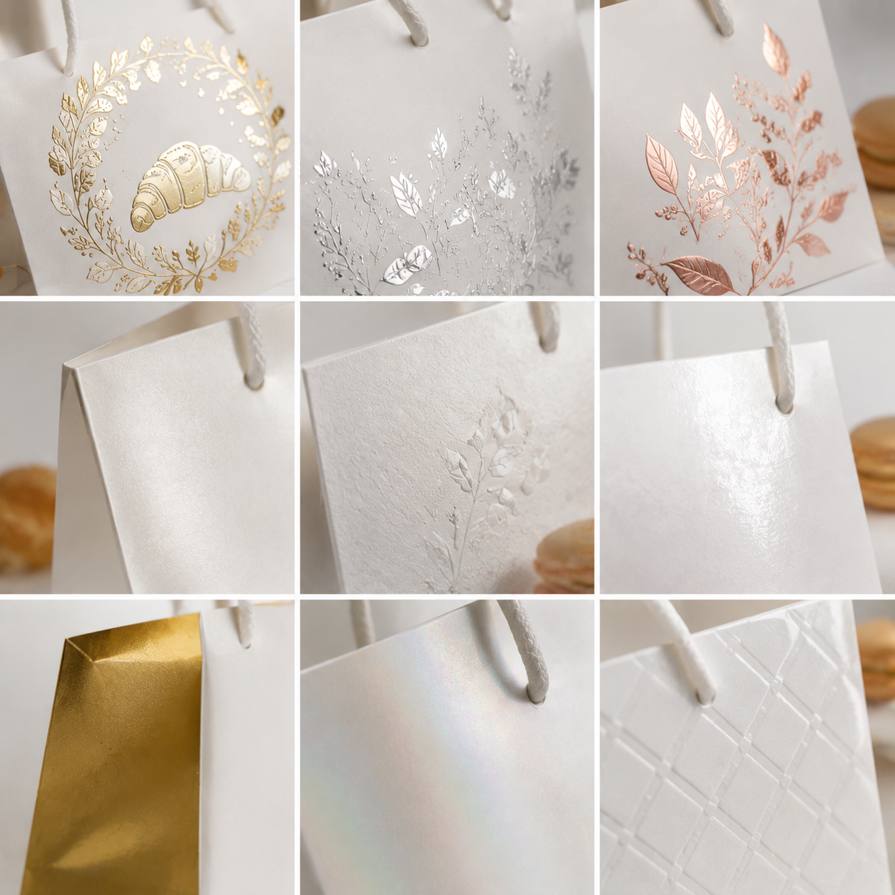A grid showcase of premium paper bags with different luxury surface finishing techniques including gold silver rose gold foil stamping blind embossing spot UV coating and iridescent pearlescent effects for upscale bakery packaging.
