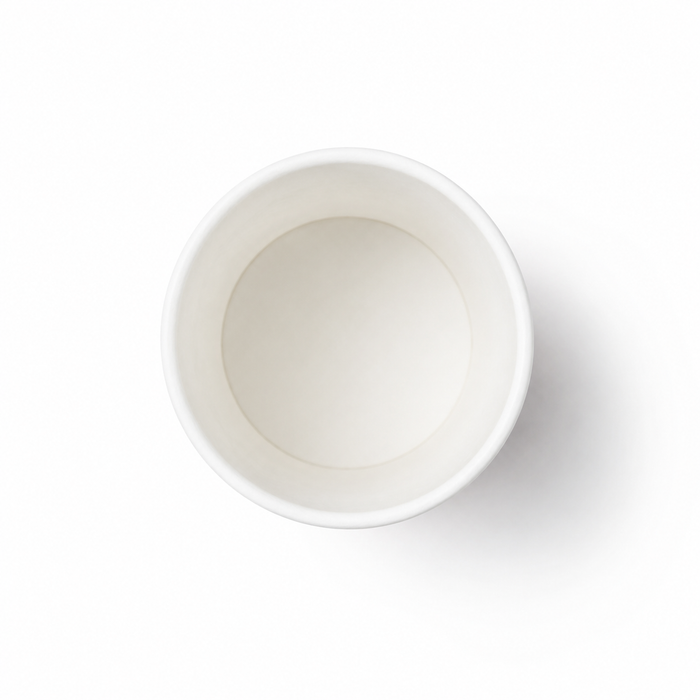 Top down overhead shot blank disposable paper ice cream cup with white waterproof PE lining interior, empty custom dessert paper tub, eco-friendly single use frozen treat container blank template for custom printing