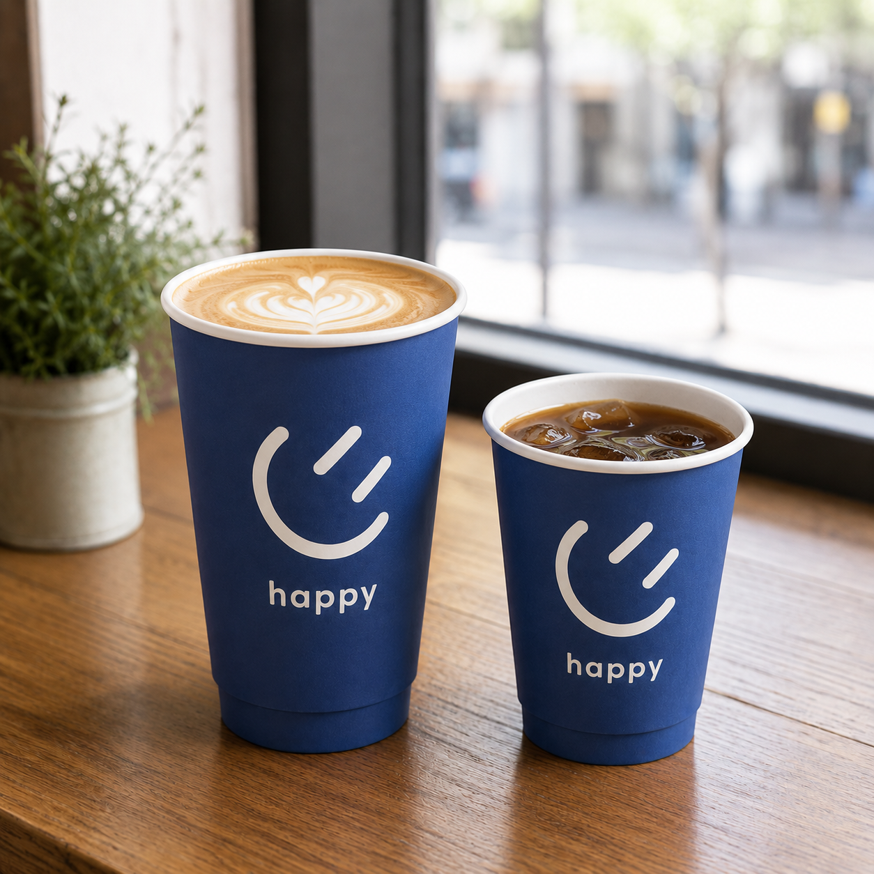 Two different sized blue paper cups, one filled with hot latte art coffee and the other with iced coffee, sitting on a wooden windowsill.
